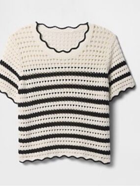 GAP Open-Knit Crochet Short Sleeve Top — Black & Cream Striped XL